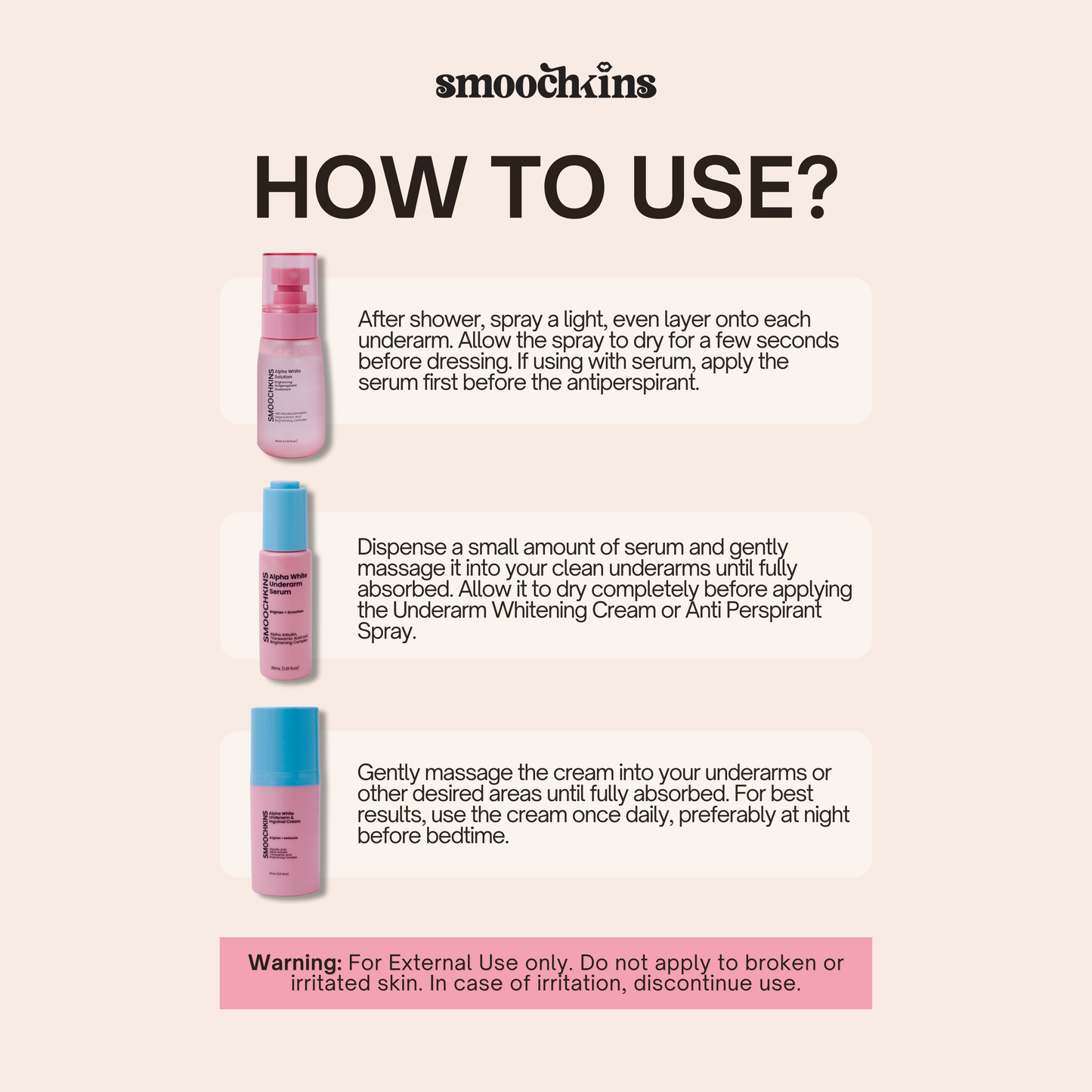Smoochkins Alpha White Underarm Whitening Set (Brightening Antiperspirant Deodorant, Underarm & Inguinal Cream, Underarm Serum)