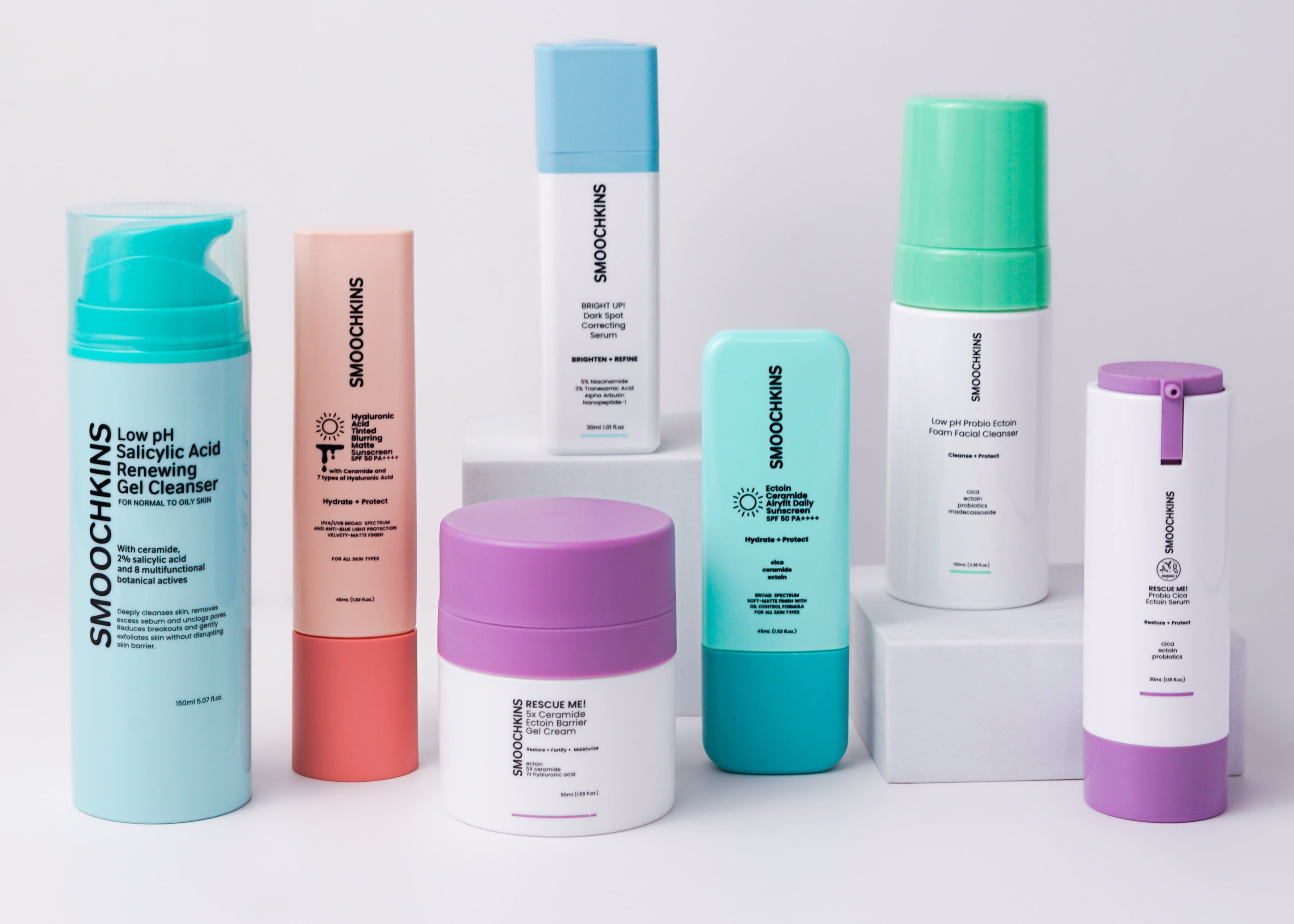 Collection of Smoochniks skincare products on a white background